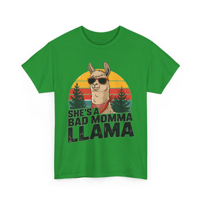 Irish green She's A Bad Momma Llama t-shirt with retro sunset and llama in sunglasses