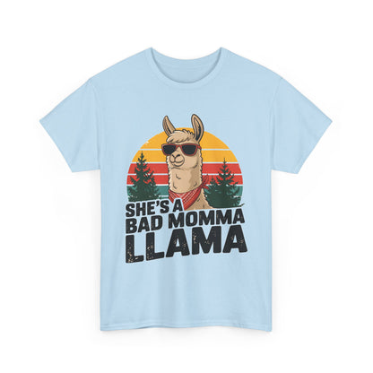 Light blue She's A Bad Momma Llama t-shirt with retro sunset and llama in sunglasses