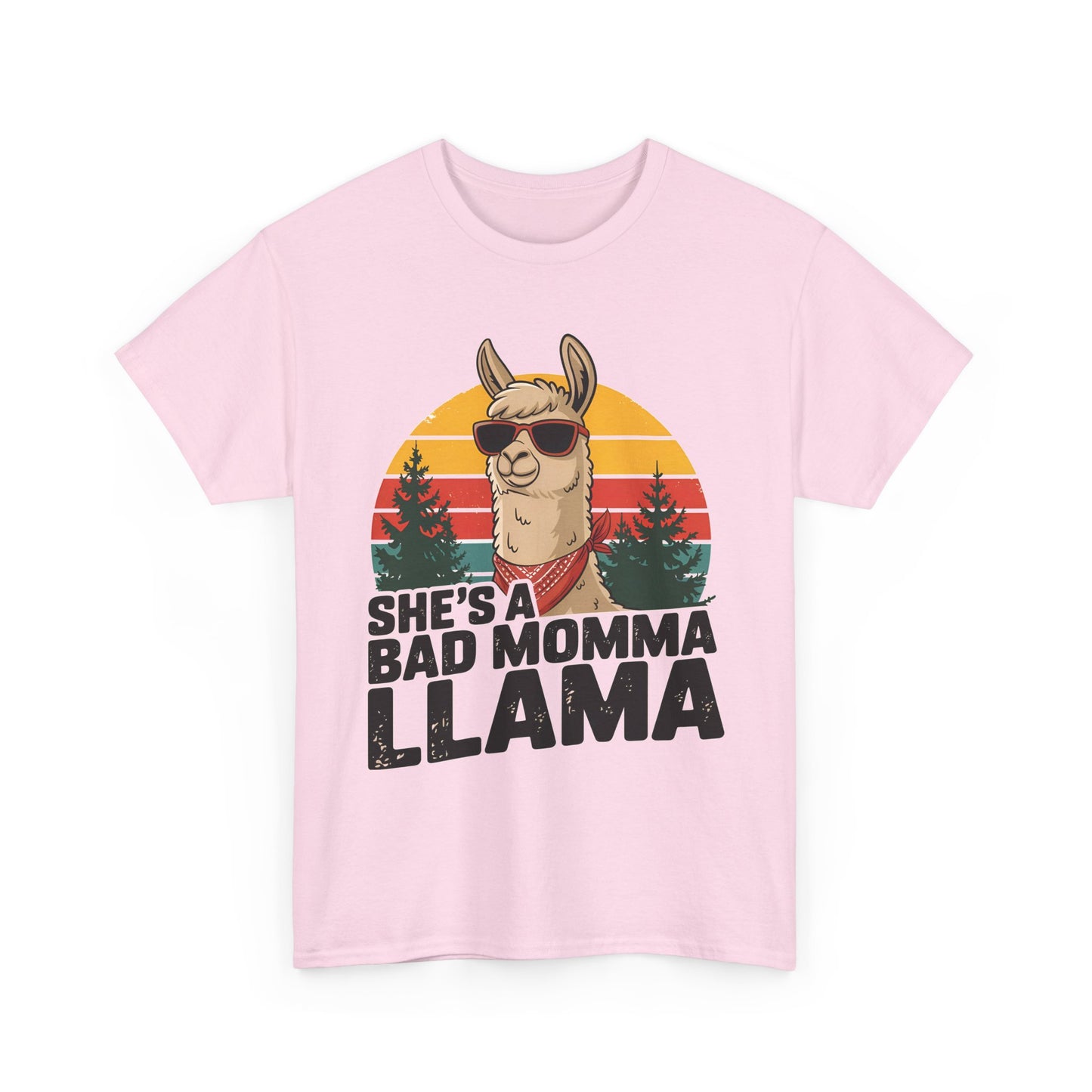 Light pink She's A Bad Momma Llama t-shirt with retro sunset and llama in sunglasses