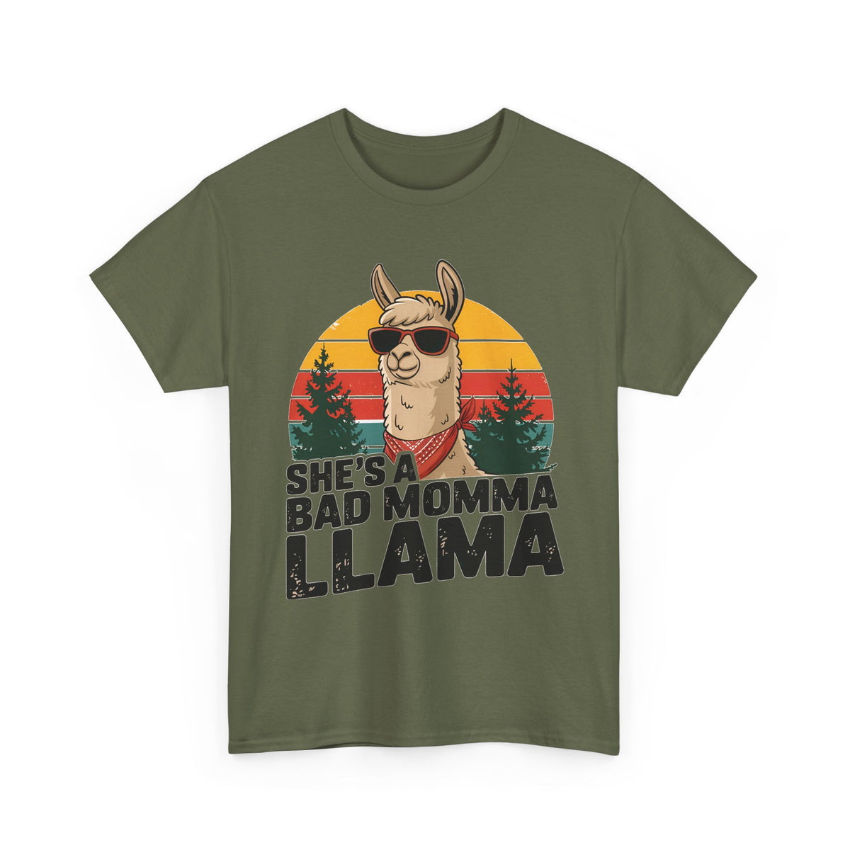 Military green She's A Bad Momma Llama t-shirt with retro sunset and llama in sunglasses