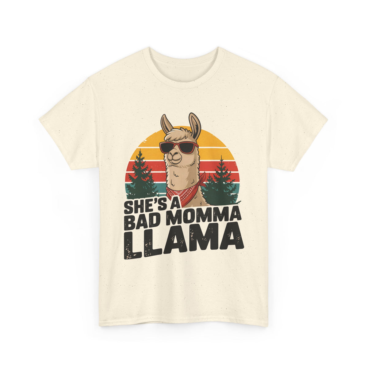 Natural She's A Bad Momma Llama t-shirt with retro sunset and llama in sunglasses