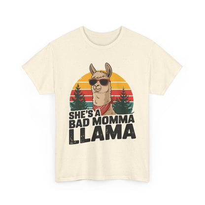 Natural She's A Bad Momma Llama t-shirt with retro sunset and llama in sunglasses