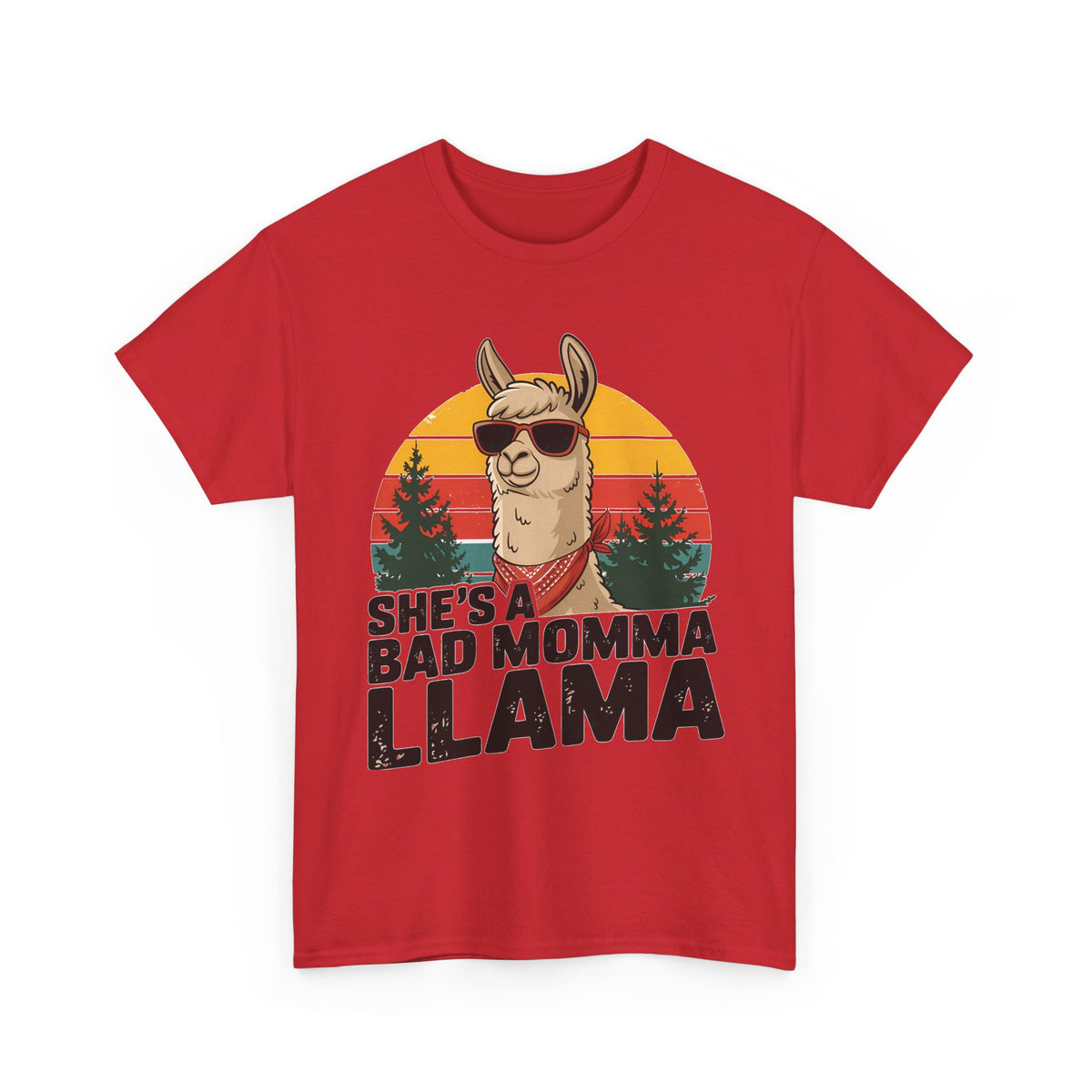 Red She's A Bad Momma Llama t-shirt with retro sunset and llama in sunglasses