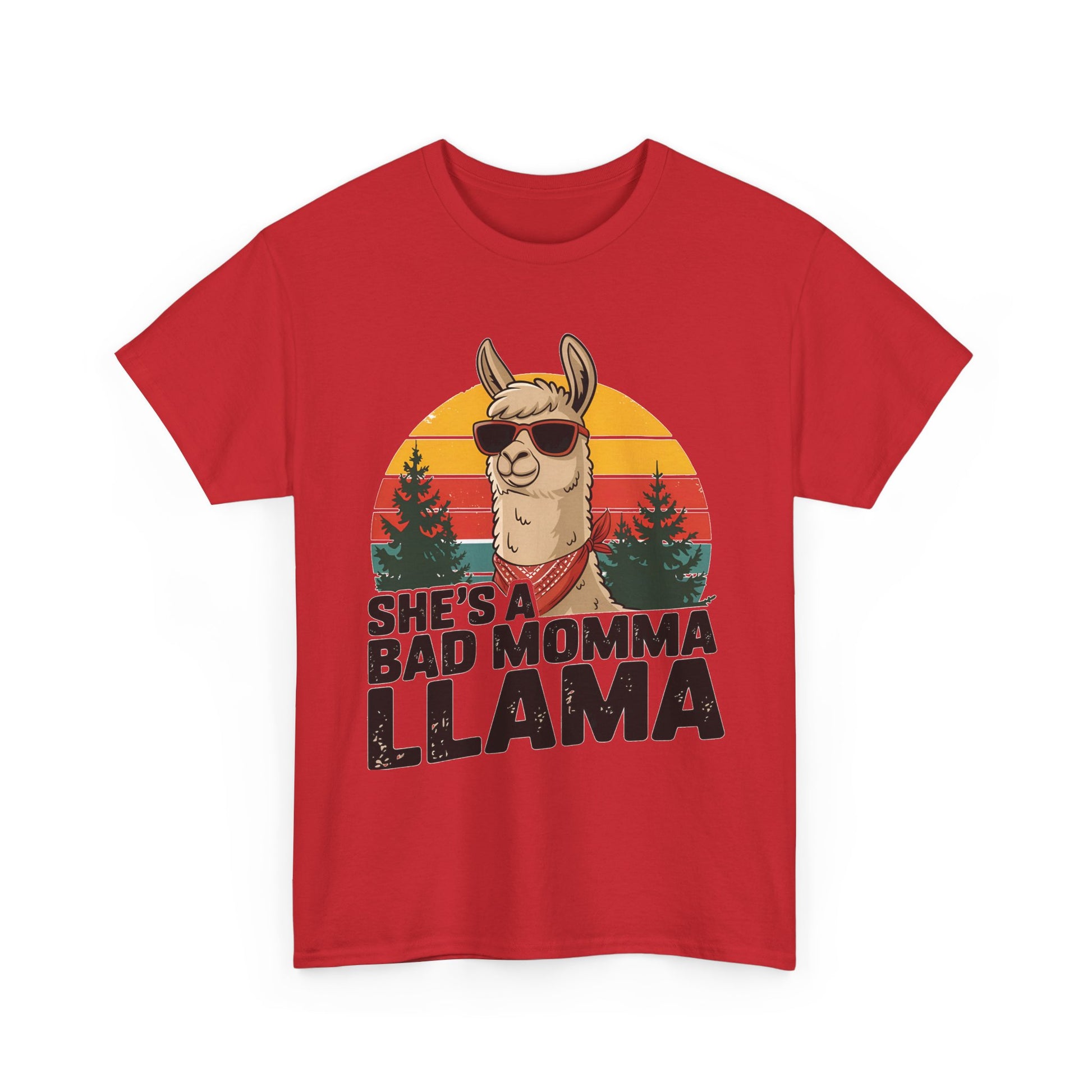 Red She's A Bad Momma Llama t-shirt with retro sunset and llama in sunglasses
