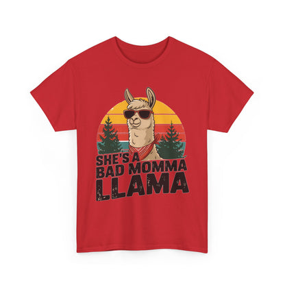 Red She's A Bad Momma Llama t-shirt with retro sunset and llama in sunglasses