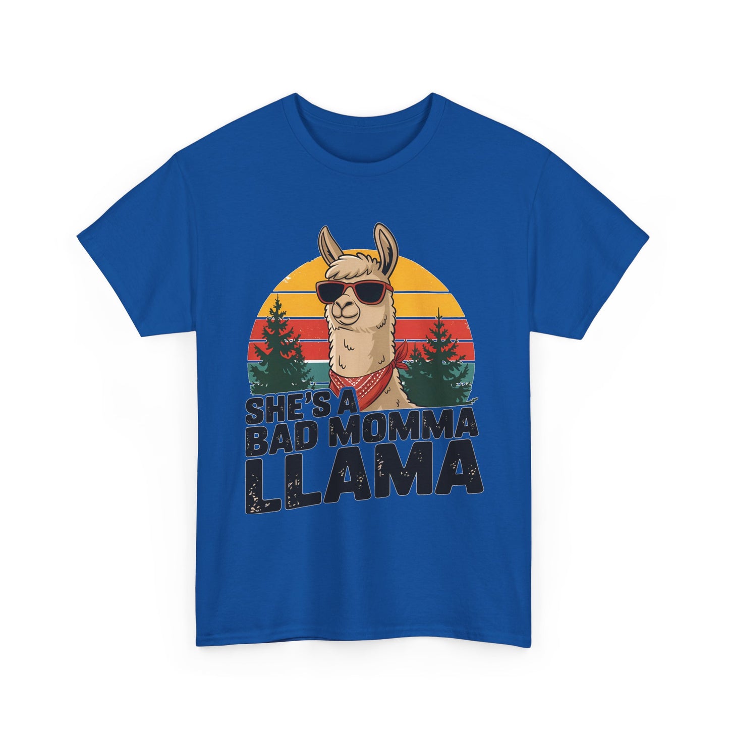 Royal blue She's A Bad Momma Llama t-shirt with retro sunset and llama in sunglasses