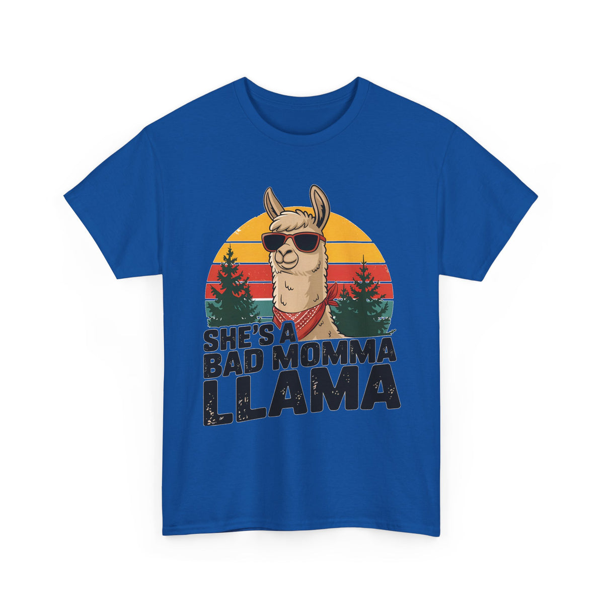 Royal blue She's A Bad Momma Llama t-shirt with retro sunset and llama in sunglasses