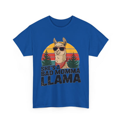 Royal blue She's A Bad Momma Llama t-shirt with retro sunset and llama in sunglasses