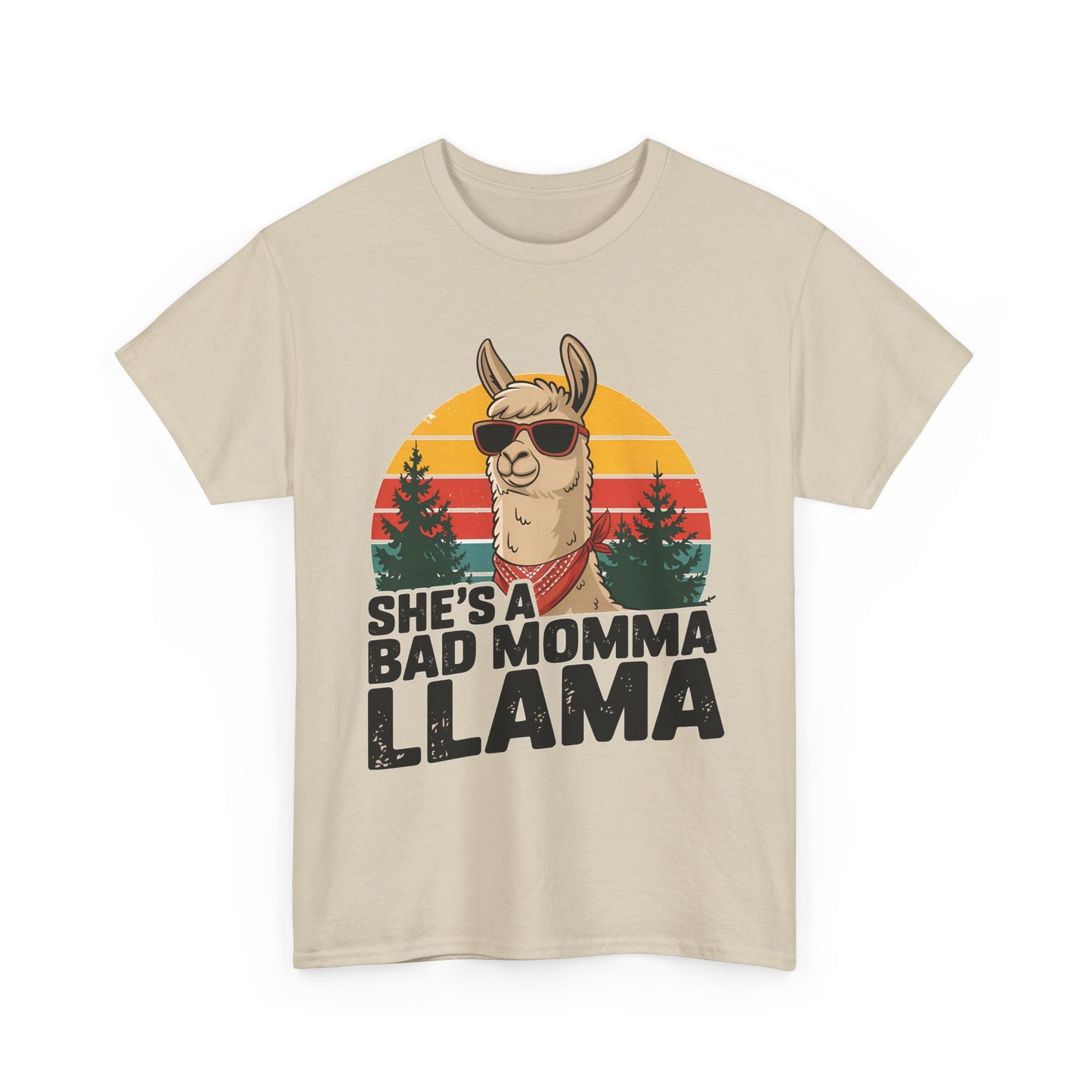 Sand She's A Bad Momma Llama t-shirt with retro sunset and llama in sunglasses
