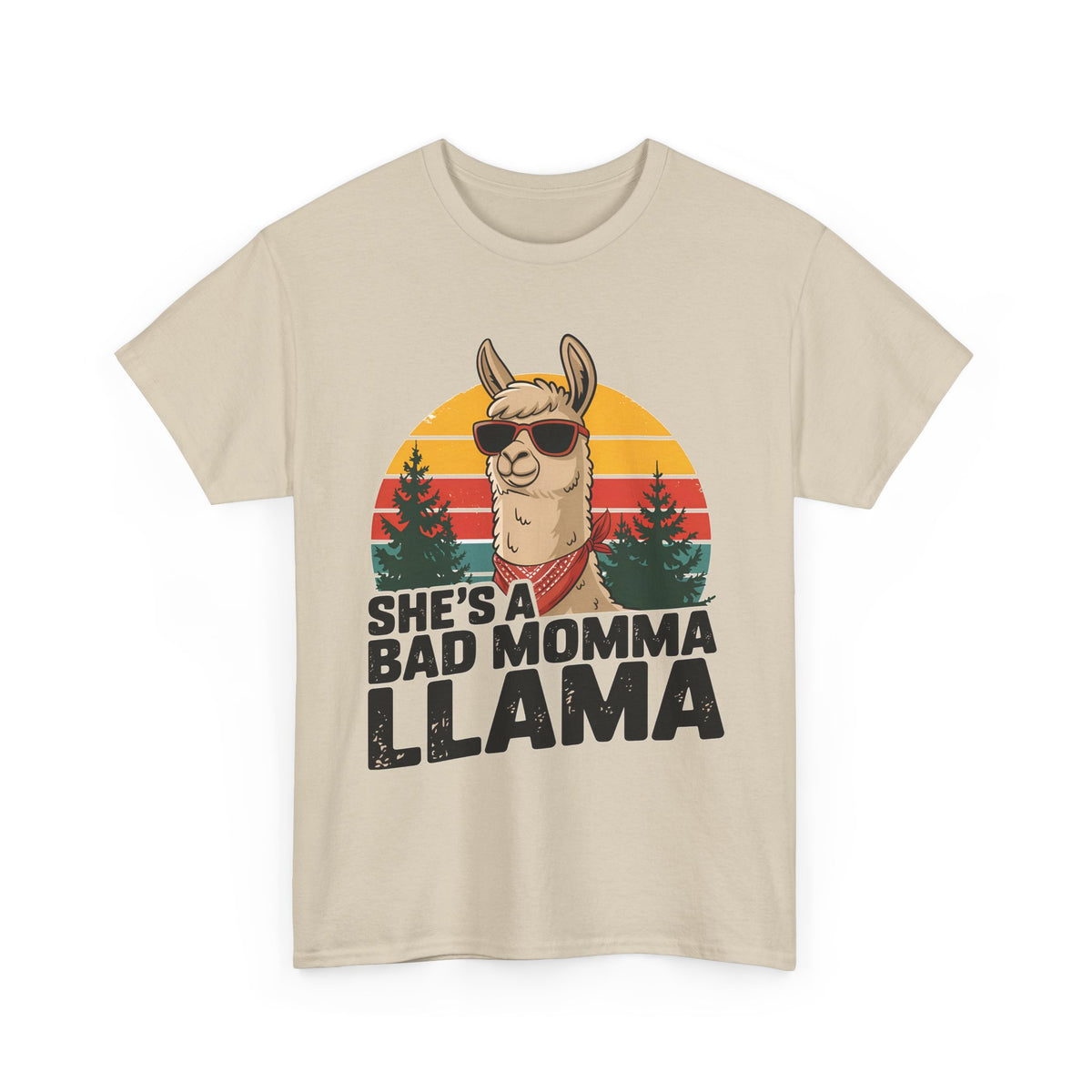 Sand She's A Bad Momma Llama t-shirt with retro sunset and llama in sunglasses