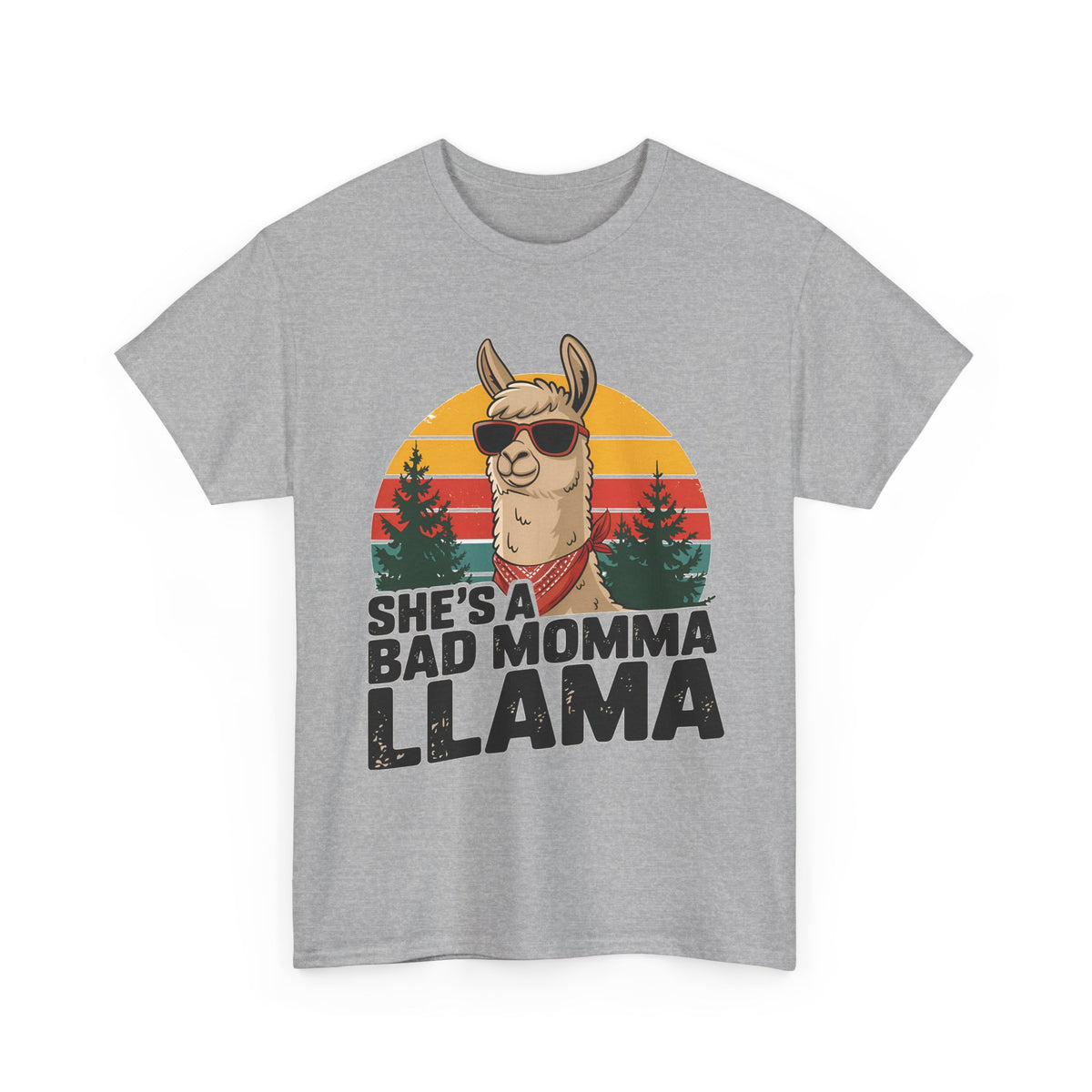 Sport grey She's A Bad Momma Llama t-shirt with retro sunset and llama in sunglasses