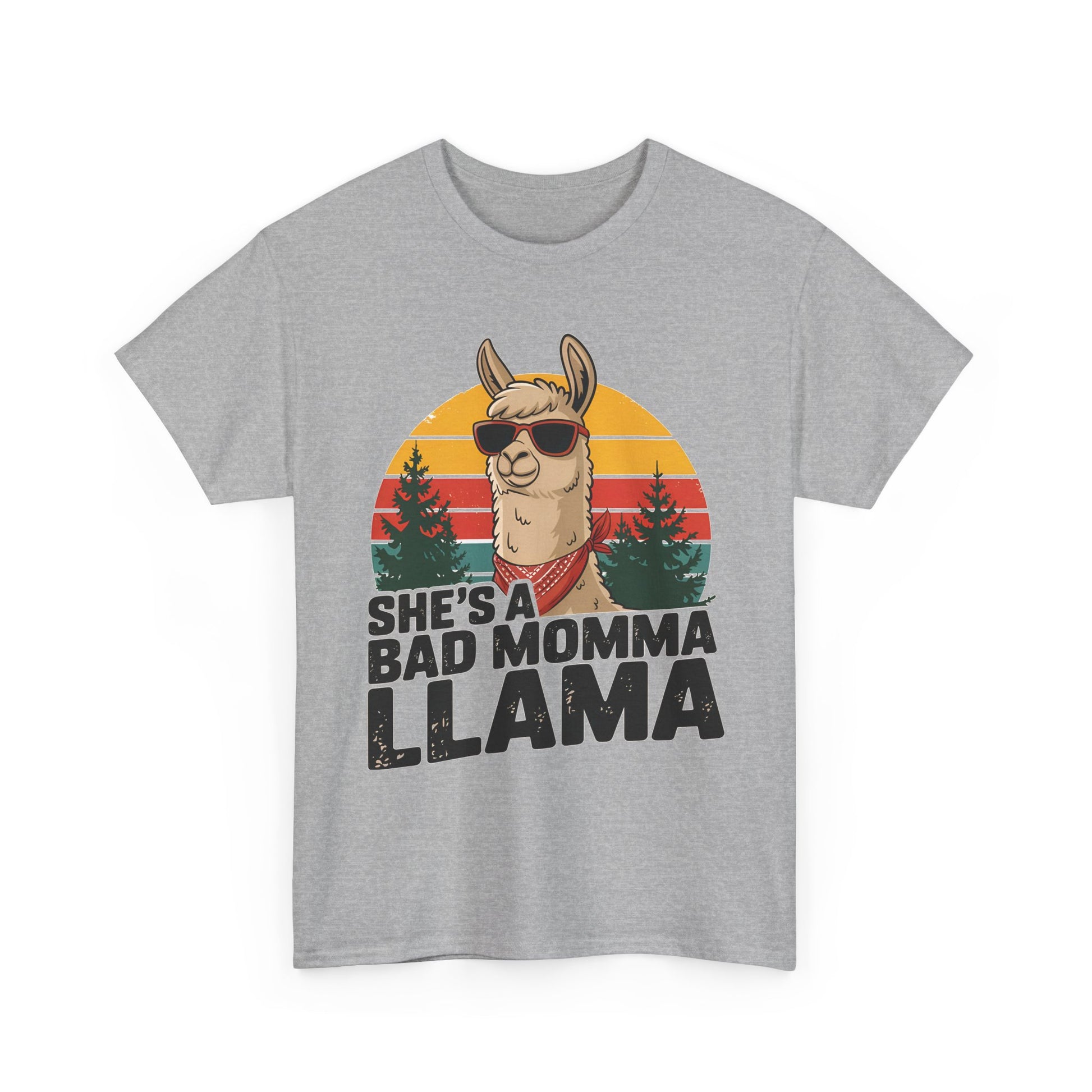 Sport grey She's A Bad Momma Llama t-shirt with retro sunset and llama in sunglasses