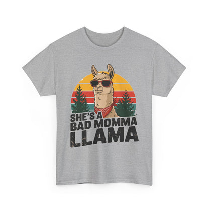 Sport grey She's A Bad Momma Llama t-shirt with retro sunset and llama in sunglasses