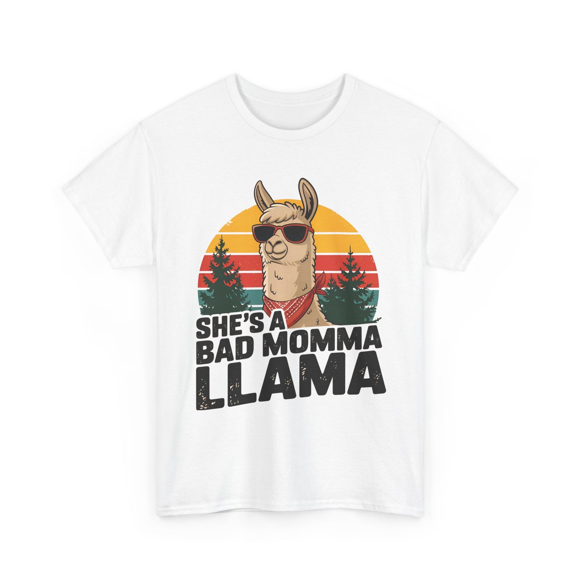 White She's A Bad Momma Llama t-shirt with retro sunset and llama in sunglasses