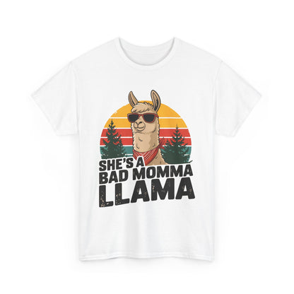 White She's A Bad Momma Llama t-shirt with retro sunset and llama in sunglasses