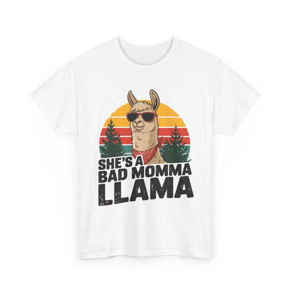 White She's A Bad Momma Llama t-shirt with retro sunset and llama in sunglasses