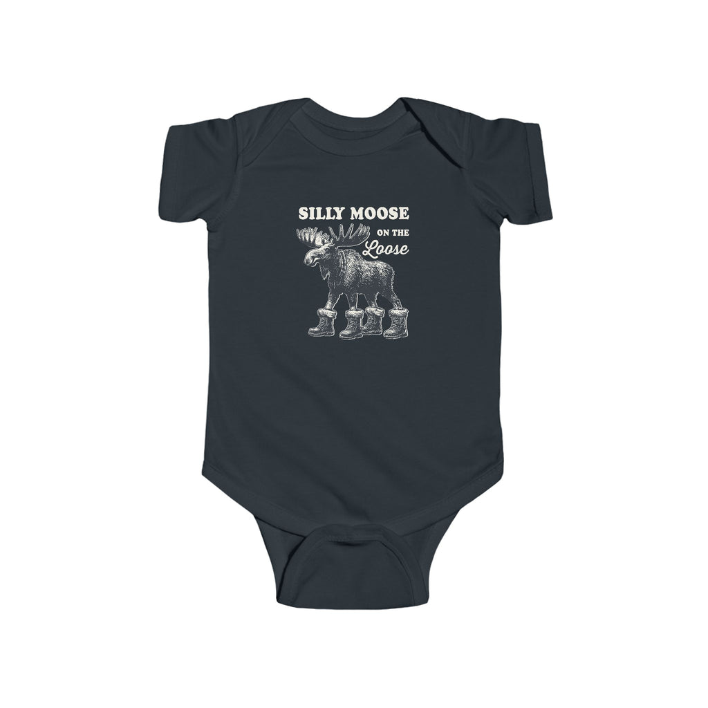 Black Silly Moose On The Loose vintage moose baby bodysuit, front view