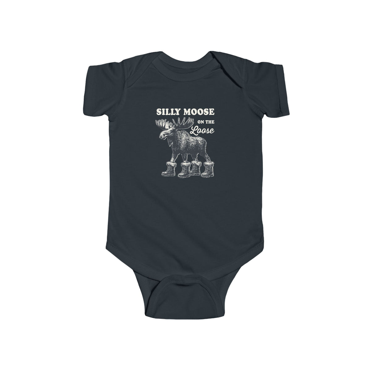 Black Silly Moose On The Loose vintage moose baby bodysuit, front view
