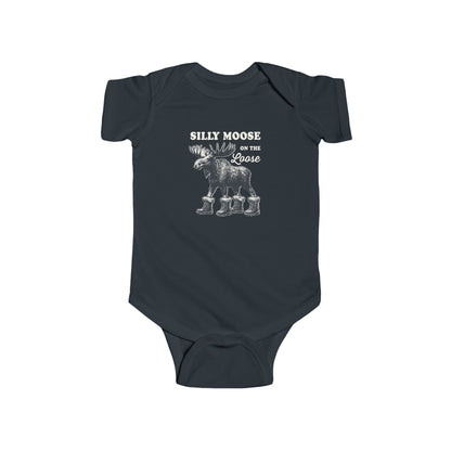 Black Silly Moose On The Loose vintage moose baby bodysuit, front view