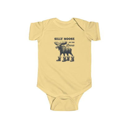 Butter Silly Moose On The Loose vintage moose baby bodysuit, front view