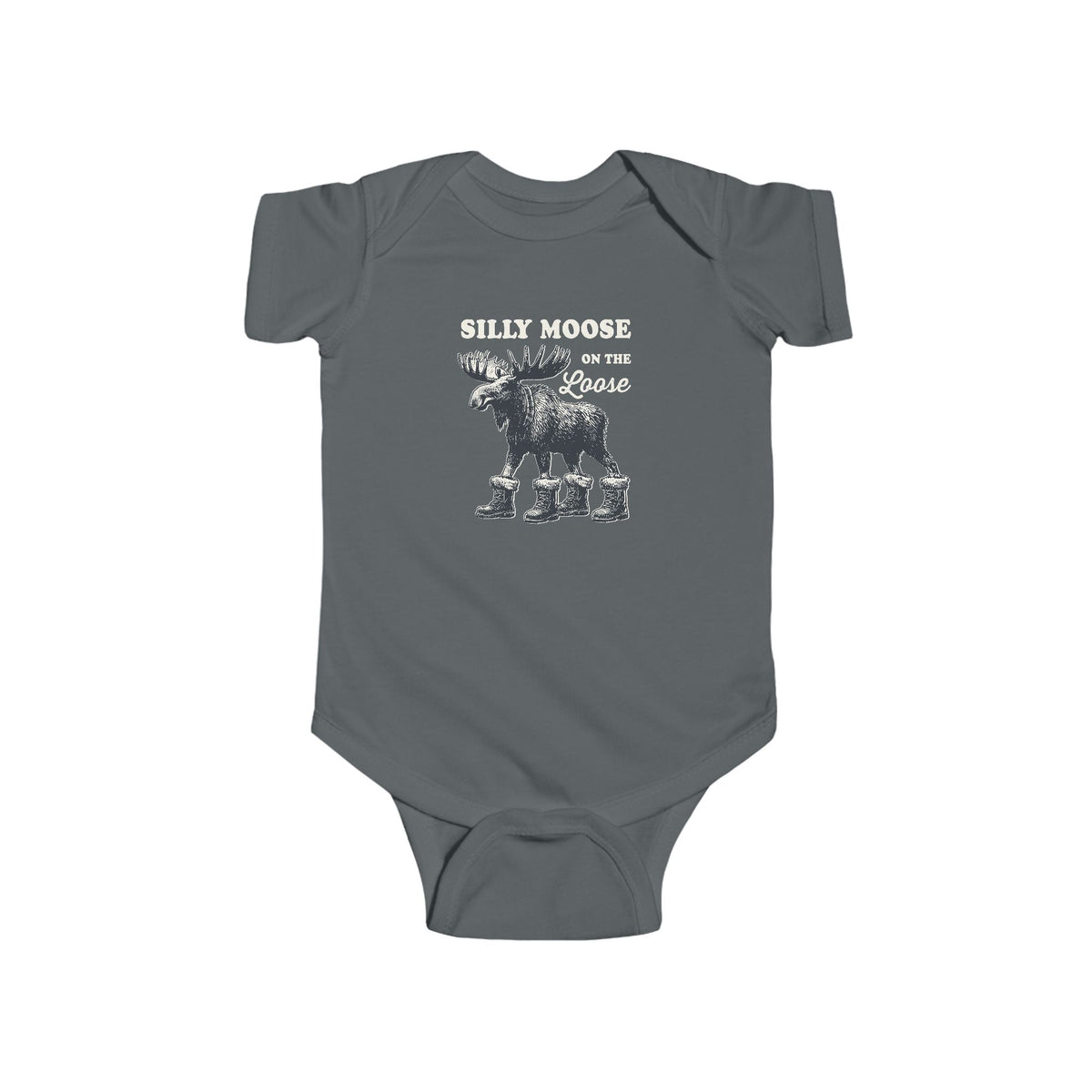 Charcoal Silly Moose On The Loose vintage moose baby bodysuit, front view