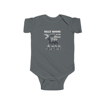 Charcoal Silly Moose On The Loose vintage moose baby bodysuit, front view