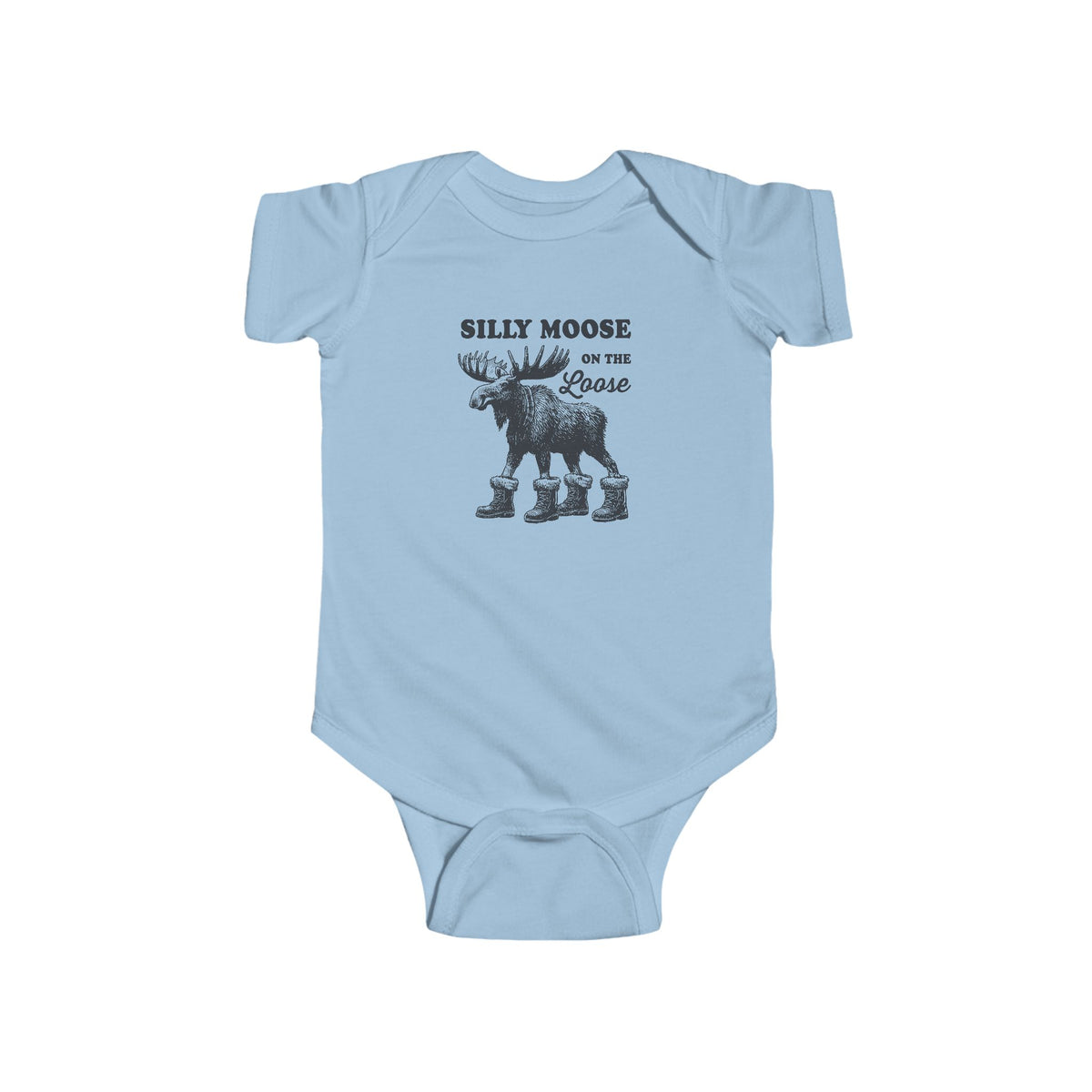 Light Blue Silly Moose On The Loose vintage moose baby bodysuit, front view