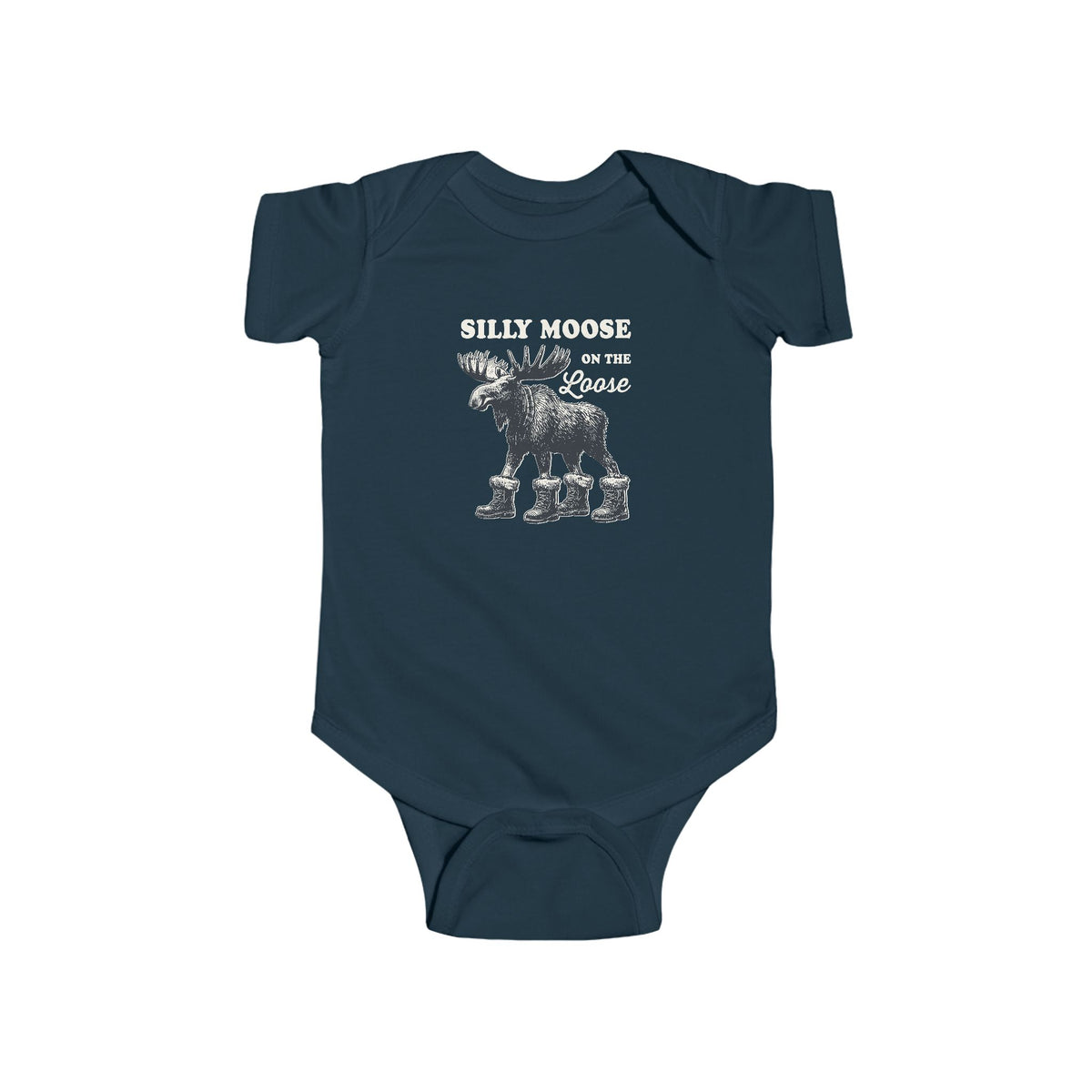 Navy Silly Moose On The Loose vintage moose baby bodysuit, front view