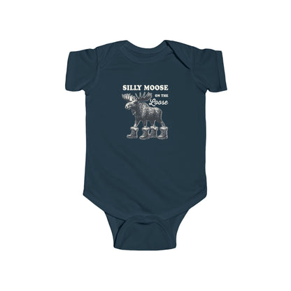 Navy Silly Moose On The Loose vintage moose baby bodysuit, front view