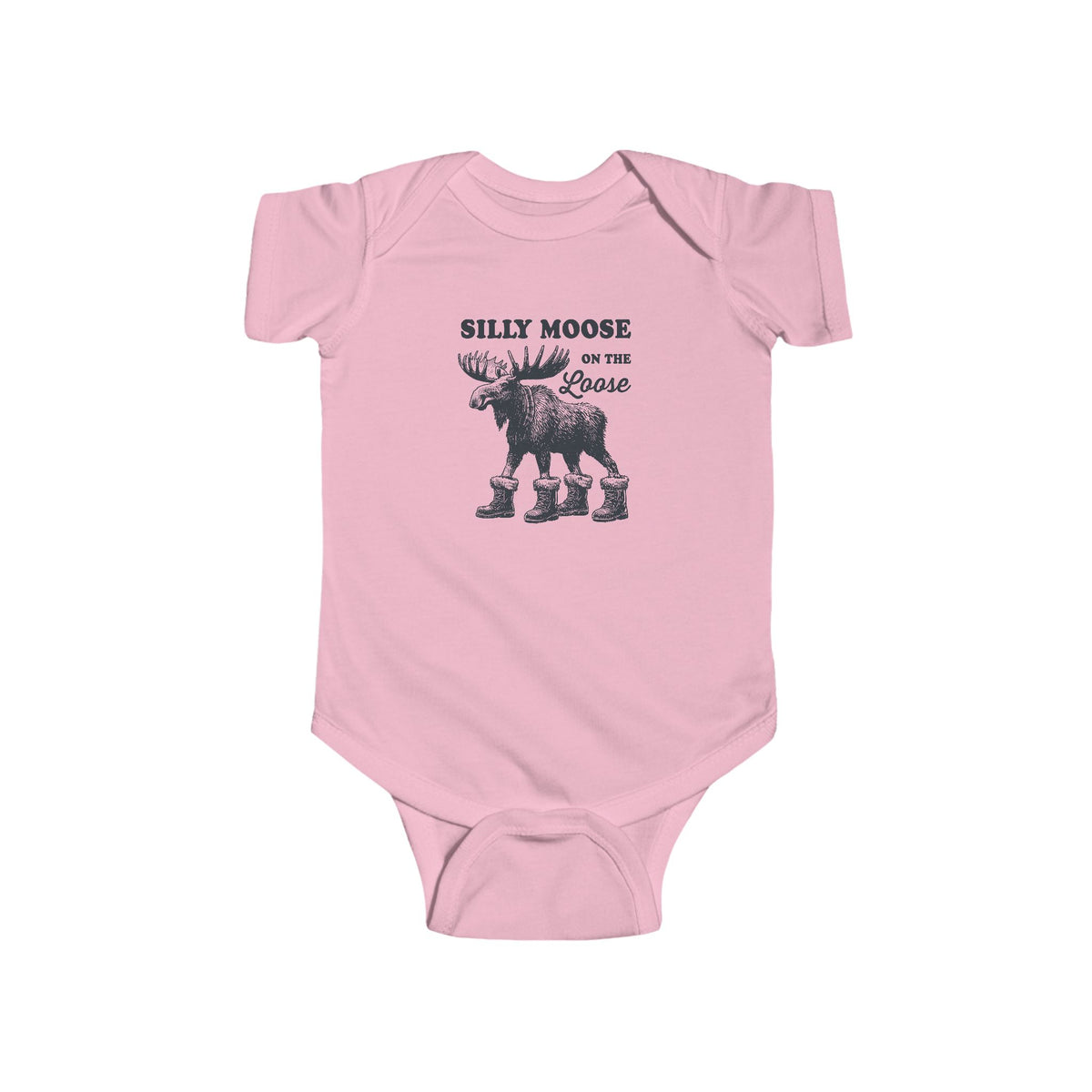 Pink Silly Moose On The Loose vintage moose baby bodysuit, front view