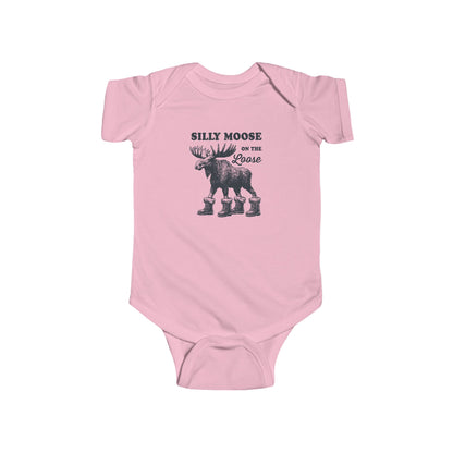 Pink Silly Moose On The Loose vintage moose baby bodysuit, front view