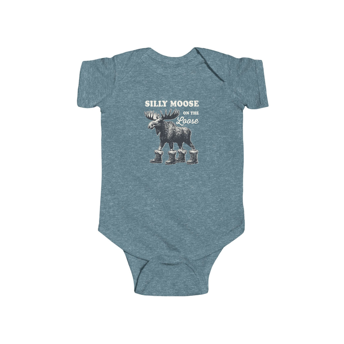 Vintage Indigo Silly Moose On The Loose vintage moose baby bodysuit, front view
