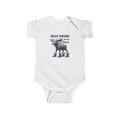 White Silly Moose On The Loose vintage moose baby bodysuit, front view