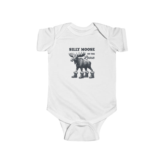 White Silly Moose On The Loose vintage moose baby bodysuit, front view