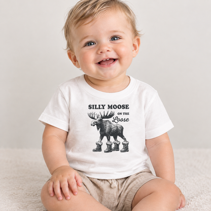 Baby wearing the Silly Moose On The Loose vintage moose baby t-shirt
