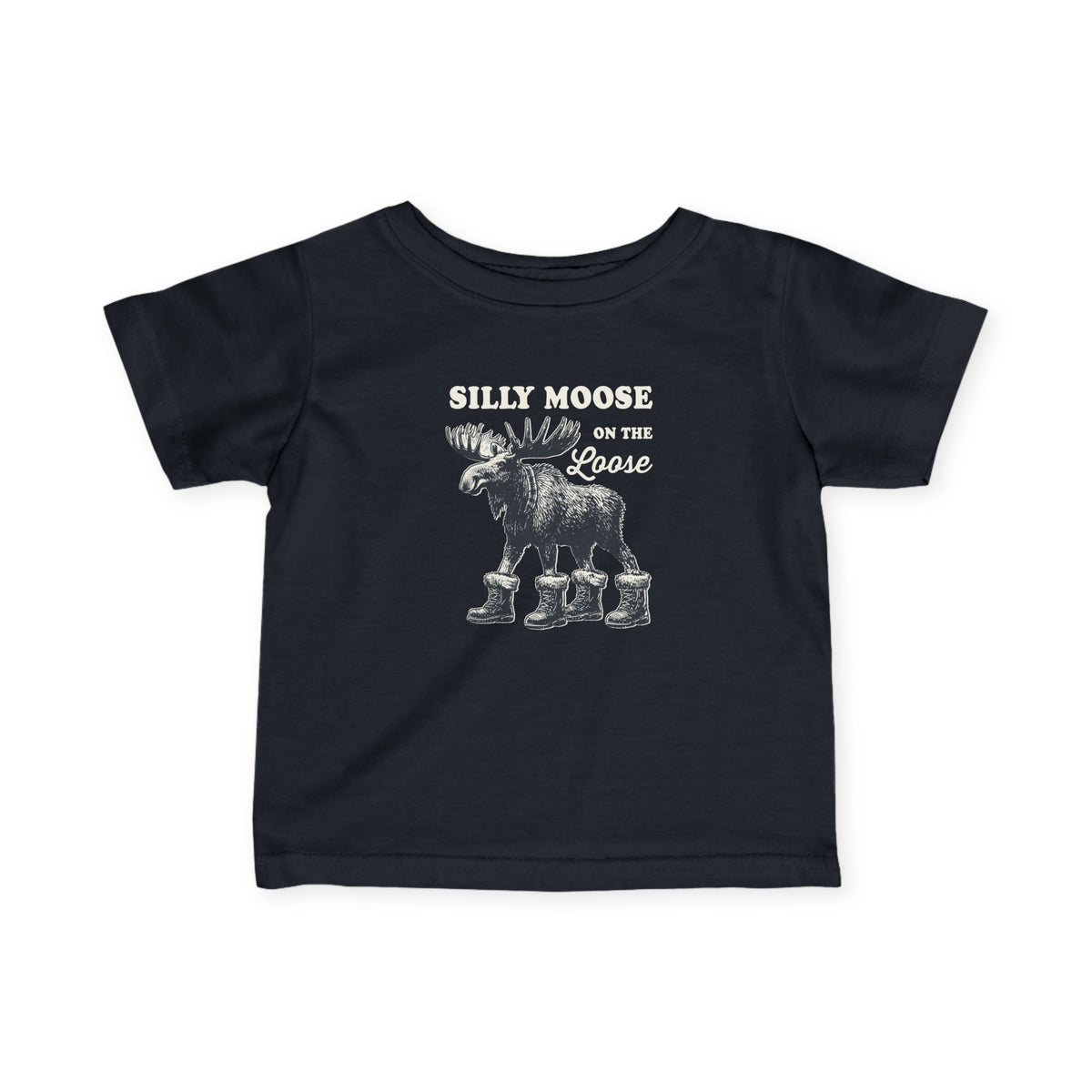 Black Silly Moose On The Loose vintage moose baby t-shirt, front view