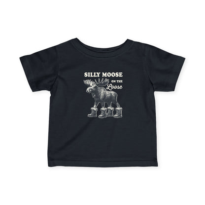 Black Silly Moose On The Loose vintage moose baby t-shirt, front view