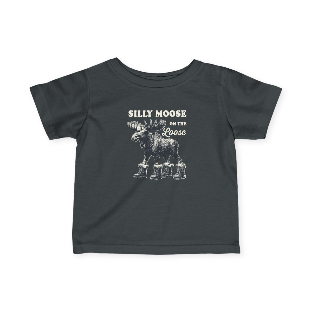 Charcoal Silly Moose On The Loose vintage moose baby t-shirt, front view