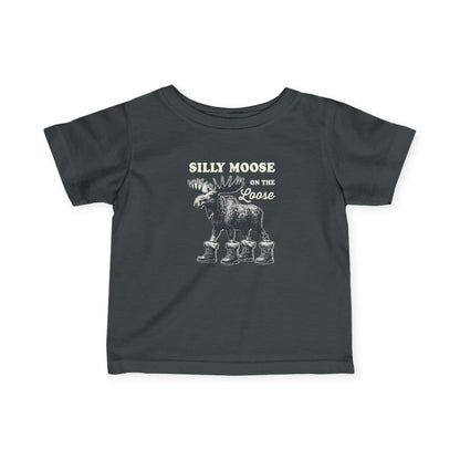 Charcoal Silly Moose On The Loose vintage moose baby t-shirt, front view
