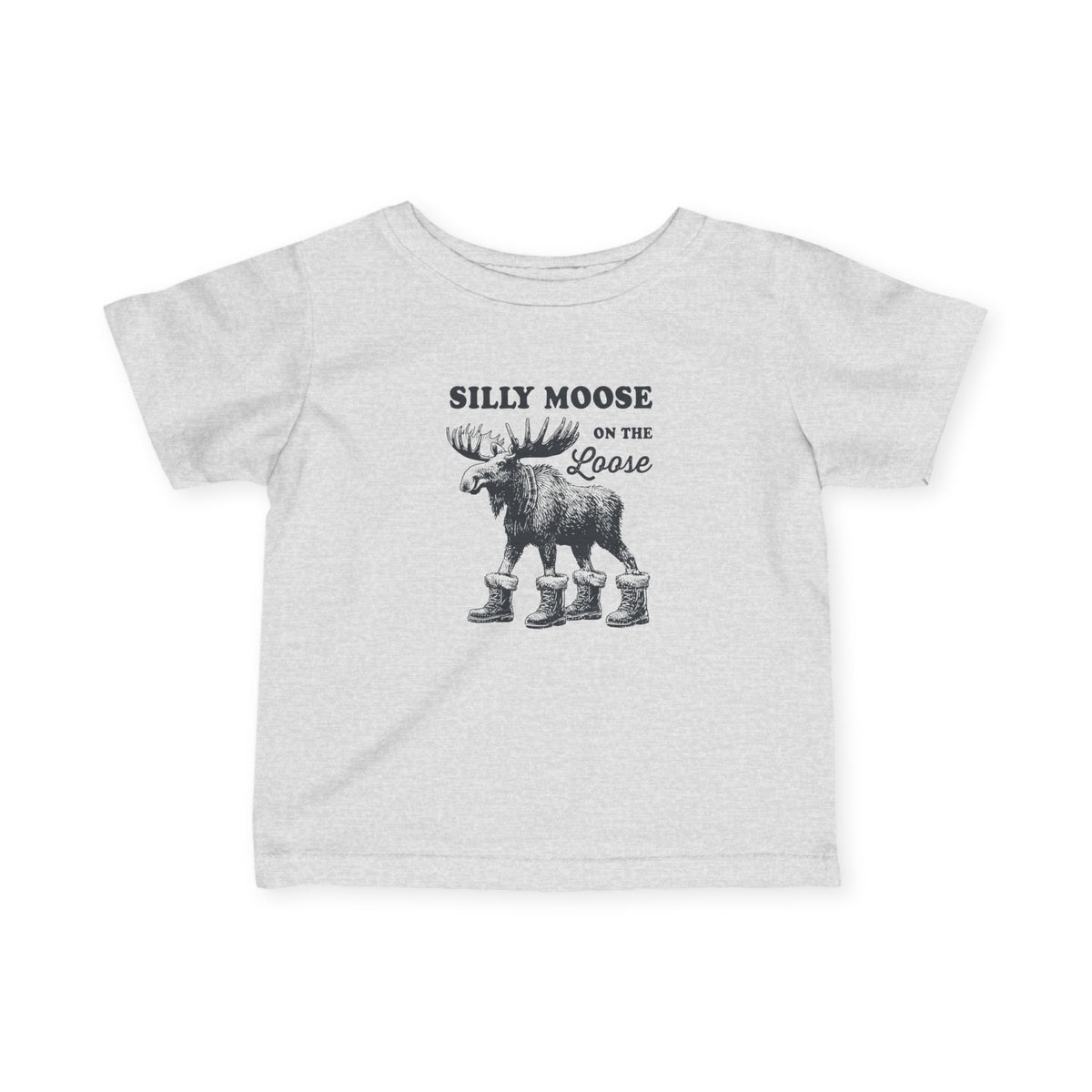 Heather Silly Moose On The Loose vintage moose baby t-shirt, front view