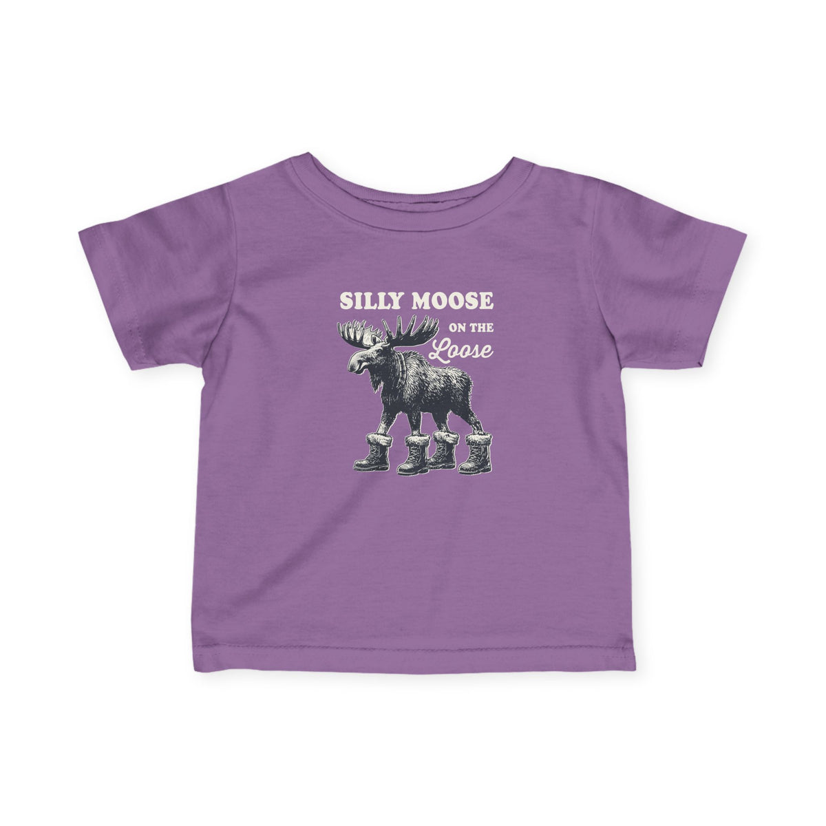 Lavender Silly Moose On The Loose vintage moose baby t-shirt, front view
