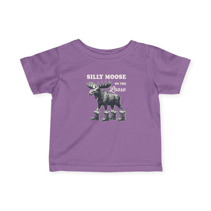 Lavender Silly Moose On The Loose vintage moose baby t-shirt, front view
