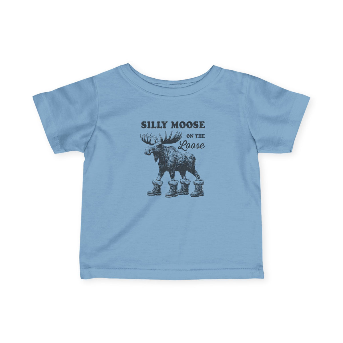 Light Blue Silly Moose On The Loose vintage moose baby t-shirt, front view