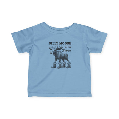 Light Blue Silly Moose On The Loose vintage moose baby t-shirt, front view