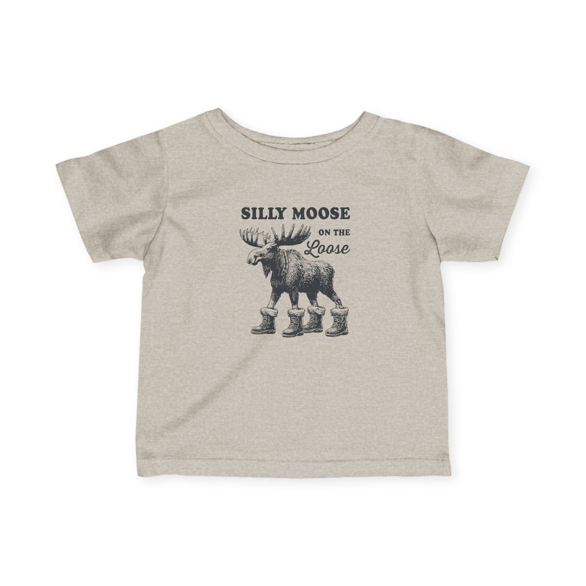 Natural Heather Silly Moose On The Loose vintage moose baby t-shirt, front view