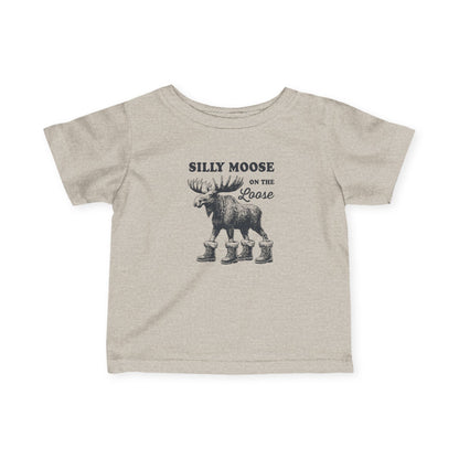 Natural Heather Silly Moose On The Loose vintage moose baby t-shirt, front view