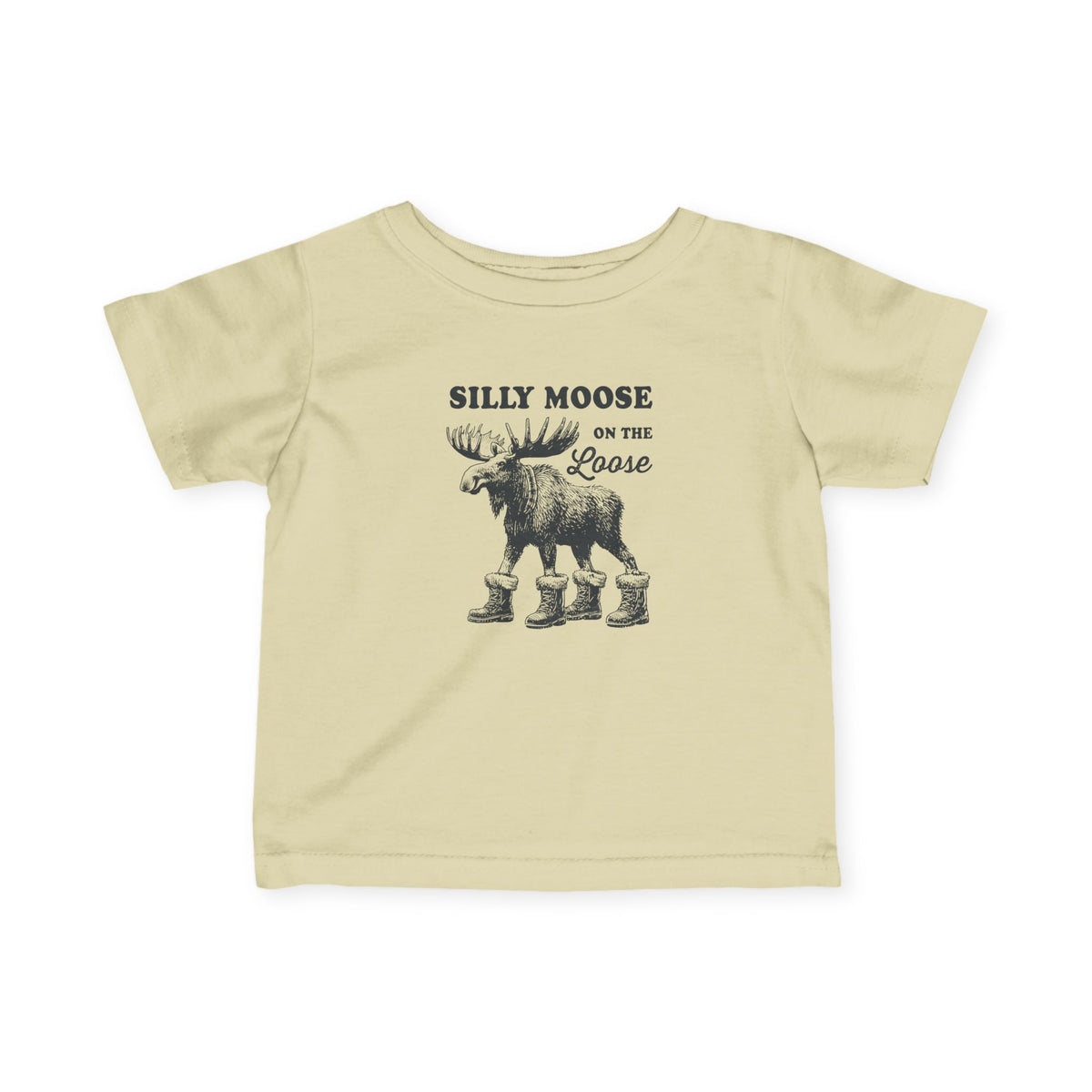 Natural Silly Moose On The Loose vintage moose baby t-shirt, front view