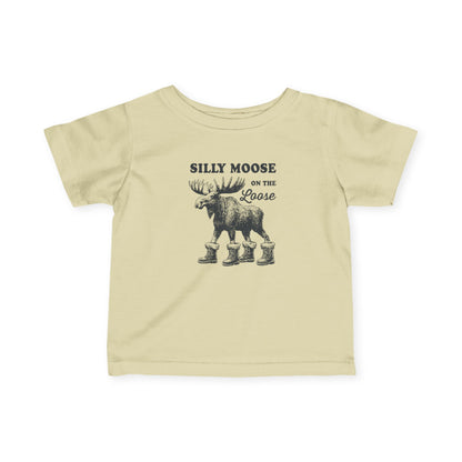 Natural Silly Moose On The Loose vintage moose baby t-shirt, front view