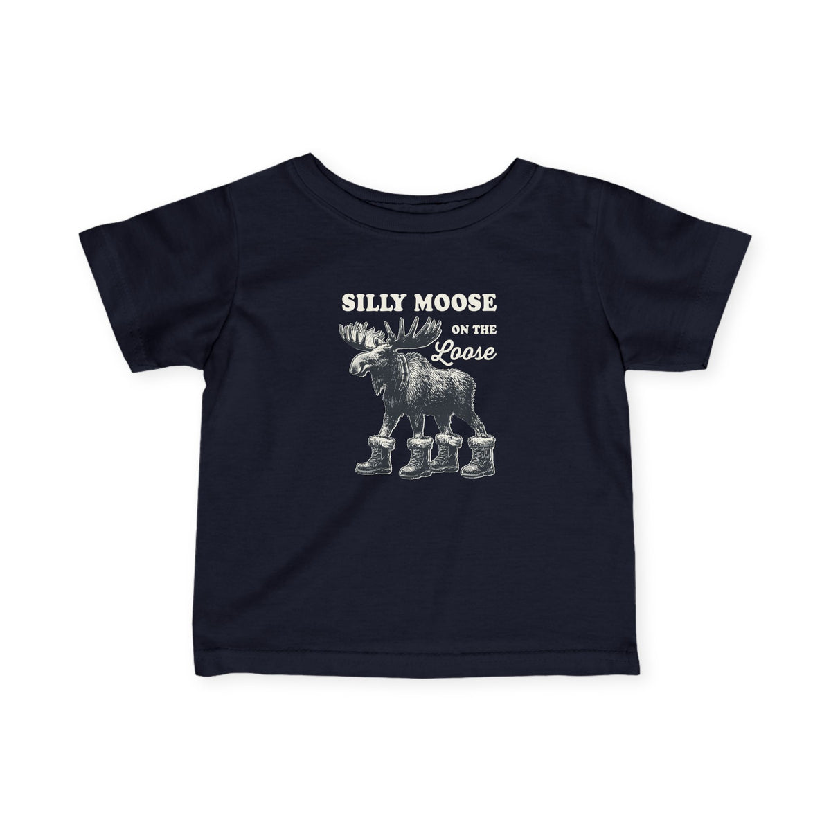 Navy Silly Moose On The Loose vintage moose baby t-shirt, front view