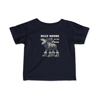 Navy Silly Moose On The Loose vintage moose baby t-shirt, front view